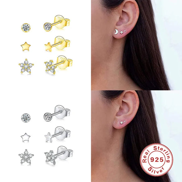 3 Pieces Set Sterling Silver Zircon Round Star Flower Ear Studs