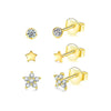 3 Pieces Set Sterling Silver Zircon Round Star Flower Ear Studs