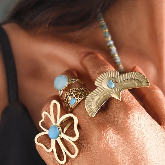 304 Stainless Steel 14K Gold Plated Elegant Preppy Style Beach Plating Hollow Out Inlay Eagle Flower Turquoise Rings