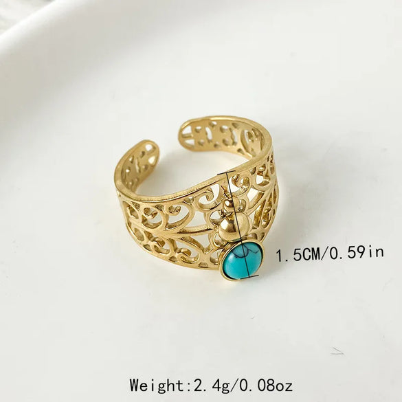 304 Stainless Steel 14K Gold Plated Elegant Preppy Style Beach Plating Hollow Out Inlay Eagle Flower Turquoise Rings