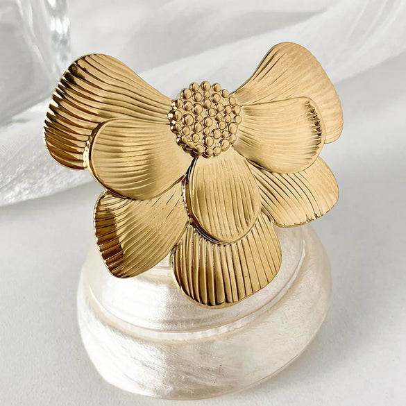 304 Stainless Steel 14K Gold Plated IG Style Sweet Plating Round Flower Open Rings