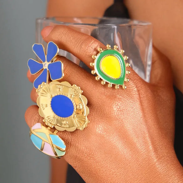 304 Stainless Steel 14K Gold Plated Vintage Style Pastoral Streetwear Enamel Plating Inlay Round Avocado Flower Zircon Open Rings