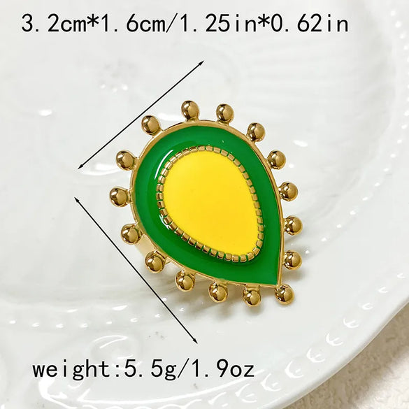 304 Stainless Steel 14K Gold Plated Vintage Style Pastoral Streetwear Enamel Plating Inlay Round Avocado Flower Zircon Open Rings