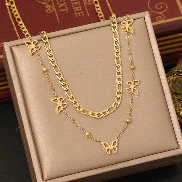 304 Stainless Steel 18K Gold Plated Elegant Commute Heart Shape Life Tree Butterfly Double Layer Necklaces