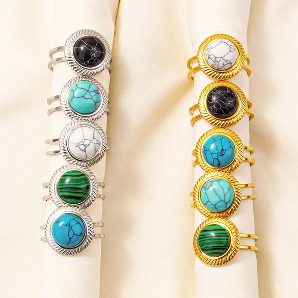 304 Stainless Steel 18K Gold Plated Elegant Retro Lady Inlay Geometric Artificial Gemstones Imitating Stone Open Rings