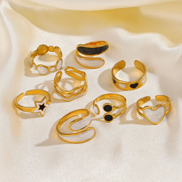 304 Stainless Steel 18K Gold Plated Elegant Simple Style Commute Enamel Hollow Out Pentagram Heart Shape Enamel Open Rings