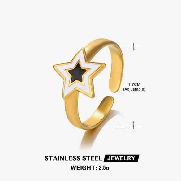 304 Stainless Steel 18K Gold Plated Elegant Simple Style Commute Enamel Hollow Out Pentagram Heart Shape Enamel Open Rings