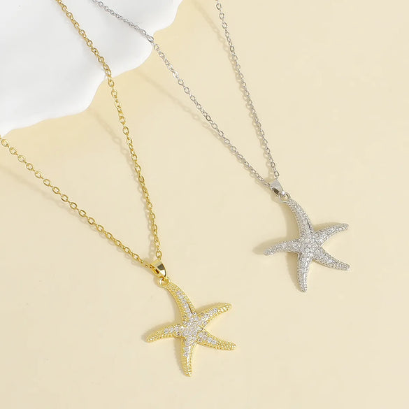 304 Stainless Steel 18K Gold Plated Romantic Shiny Plating Inlay Starfish Zircon Pendant Necklace