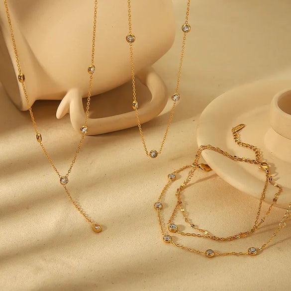 304 Stainless Steel 18K Gold Plated Simple Style Classic Style Plating Inlay Round Zircon Bracelets Necklace