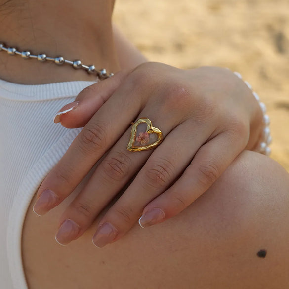 304 Stainless Steel 18K Gold Plated Sweet Artistic Flower Open Rings