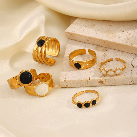 304 Stainless Steel 18K Gold Plated Vintage Style Enamel Round Open Rings
