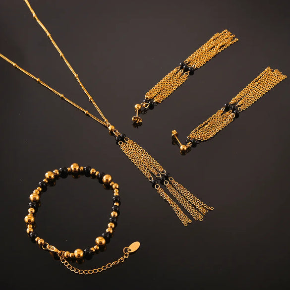 Wholesale Jewelry Retro Simple Style Round 304 Stainless Steel Agate 18K Gold Plated Beaded Plating Bracelets Earrings Necklace