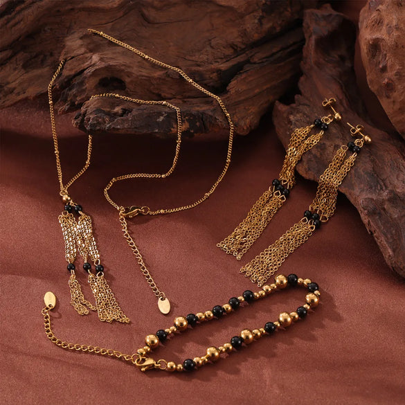 Wholesale Jewelry Retro Simple Style Round 304 Stainless Steel Agate 18K Gold Plated Beaded Plating Bracelets Earrings Necklace