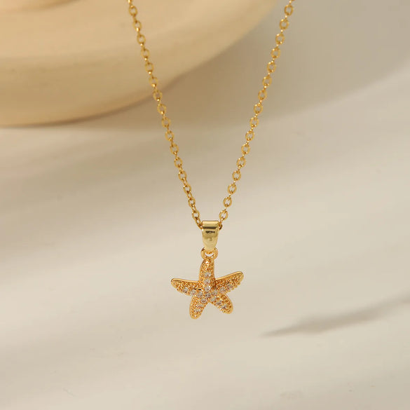 304 Stainless Steel Copper 18K Gold Plated Beach Simple Style Inlay Starfish Shell Fish Tail Artificial Pearls Zircon Pendant Necklace