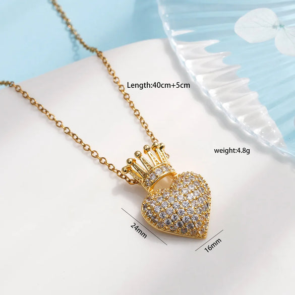 304 Stainless Steel Copper Inlay Heart Shape Crown Zircon Pendant Necklace