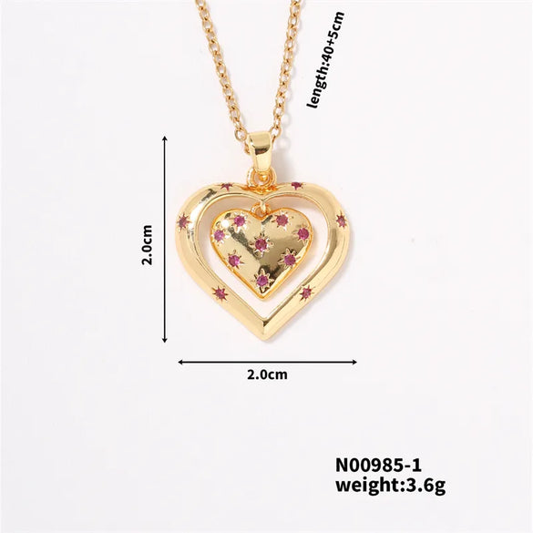 304 Stainless Steel Copper K Gold Plated Basic Modern Style Classic Style Three-Dimensional Inlay Double Heart Heart Shape Zircon Pendant Necklace