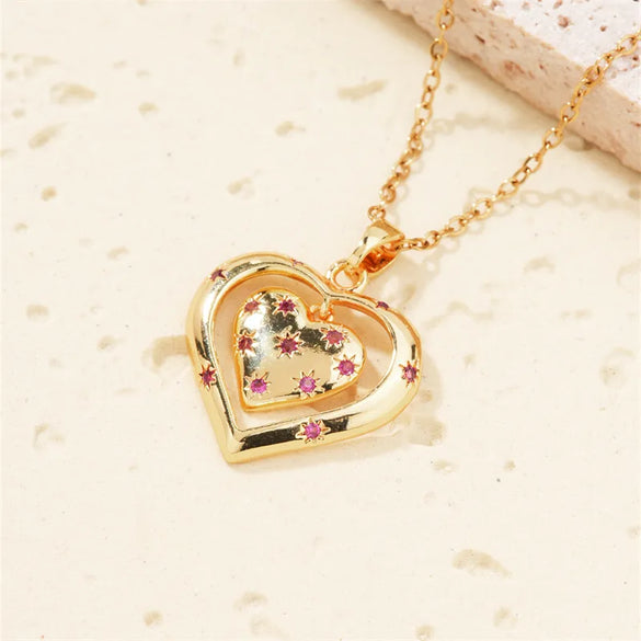 304 Stainless Steel Copper K Gold Plated Basic Modern Style Classic Style Three-Dimensional Inlay Double Heart Heart Shape Zircon Pendant Necklace