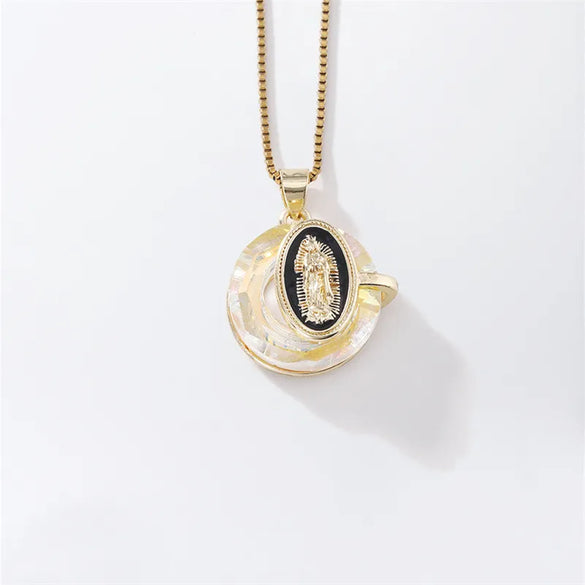 304 Stainless Steel Copper K Gold Plated Inlay Portrait Crystal Pendant Necklace