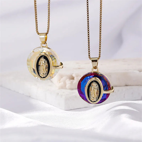 304 Stainless Steel Copper K Gold Plated Inlay Portrait Crystal Pendant Necklace