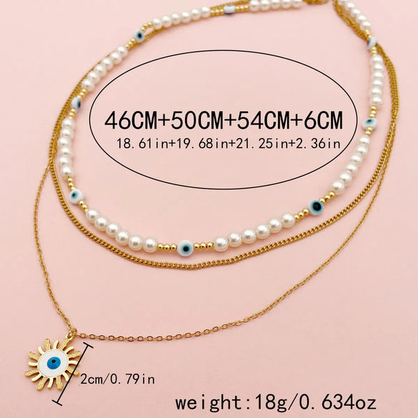 304 Stainless Steel Gold Plated Vacation Tropical Sweet Layered Pearl Inlay Sun Devil'S Eye Zircon Layered Necklaces