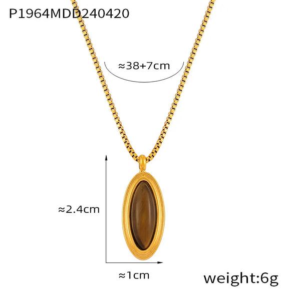 304 Stainless Steel Rhinestone Tiger Eye 18K Gold Plated Retro French Style Artistic Beaded Plating Scallop Oval Shell Rhinestones Pendant Necklace