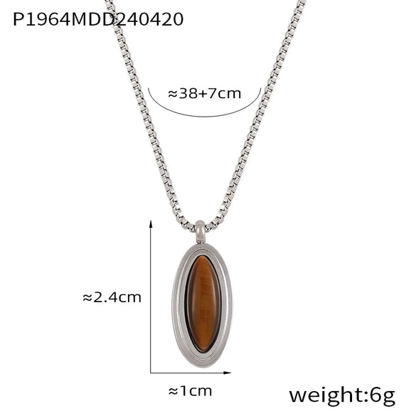 304 Stainless Steel Rhinestone Tiger Eye 18K Gold Plated Retro French Style Artistic Beaded Plating Scallop Oval Shell Rhinestones Pendant Necklace