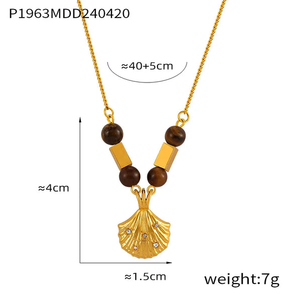 304 Stainless Steel Rhinestone Tiger Eye 18K Gold Plated Retro French Style Artistic Beaded Plating Scallop Oval Shell Rhinestones Pendant Necklace