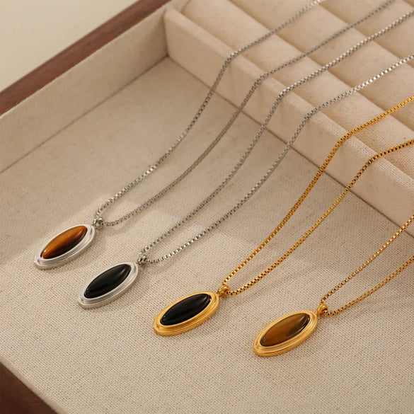 304 Stainless Steel Rhinestone Tiger Eye 18K Gold Plated Retro French Style Artistic Beaded Plating Scallop Oval Shell Rhinestones Pendant Necklace