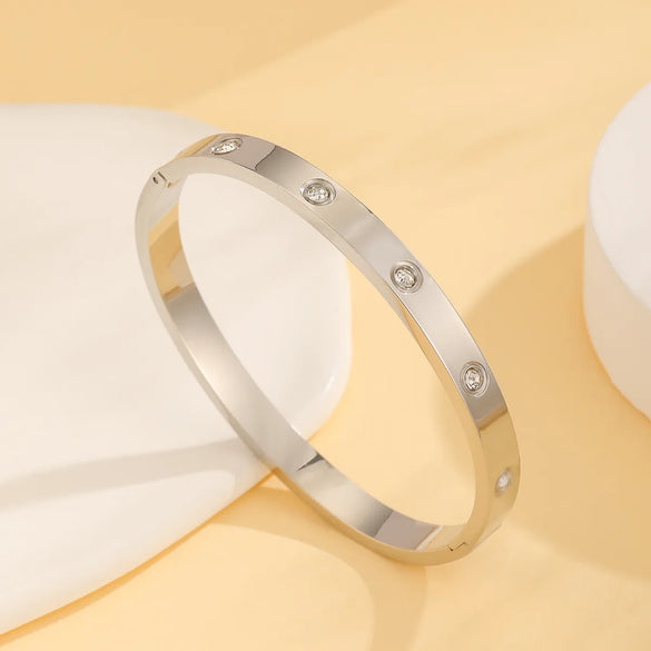 Simple Style Solid Color 304 Stainless Steel 18K Gold Plated Rhinestones Bangle In Bulk