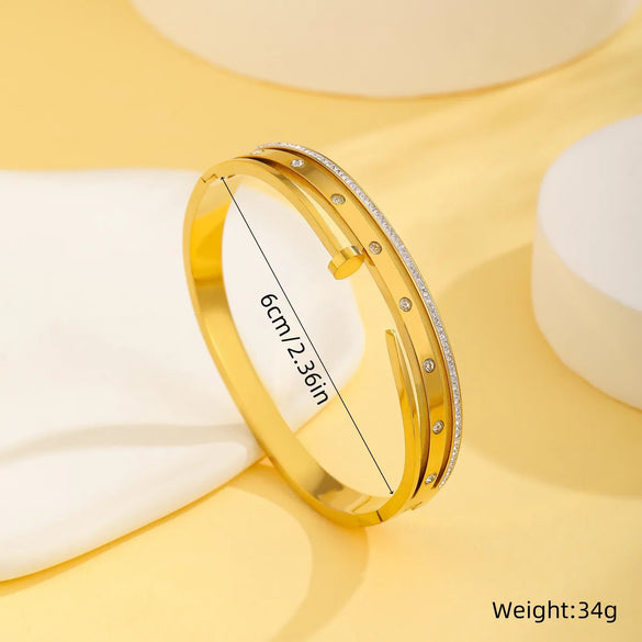 Simple Style Solid Color 304 Stainless Steel 18K Gold Plated Rhinestones Bangle In Bulk