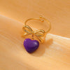 304 Stainless Steel Sweet Enamel Plating Heart Shape Bow Knot Charm Rings Open Rings