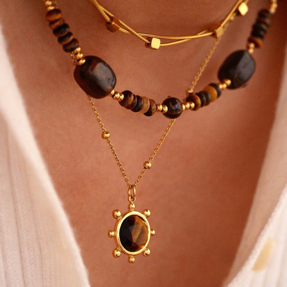 304 Stainless Steel Titanium Steel 14K Gold Plated Vintage Style Lady Classic Style Beaded Plating Inlay Geometric Natural Stone Rings Necklace