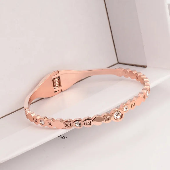 Basic Simple Style Classic Style Geometric Roman Numeral 304 Stainless Steel Titanium Steel Rose Gold Plated Rhinestones Bangle In Bulk