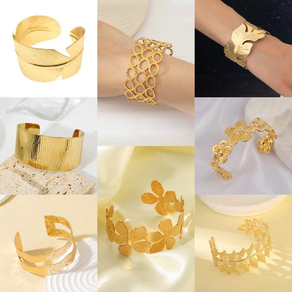 Vintage Style Roman Style Stripe Leaves Flower 304 Stainless Steel 18K Gold Plated Bangle In Bulk