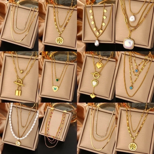 316L Stainless Steel  18K Gold Plated Vintage Style Commute Plating Inlay Devil's Eye Heart Shape Lock Turquoise Rhinestones Pearl Layered Necklaces
