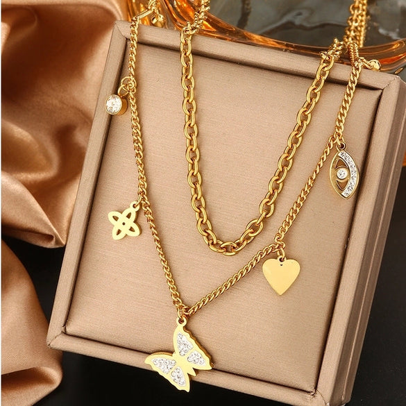 316L Stainless Steel  18K Gold Plated Vintage Style Commute Plating Inlay Devil's Eye Star Moon Turquoise Rhinestones Layered Necklaces