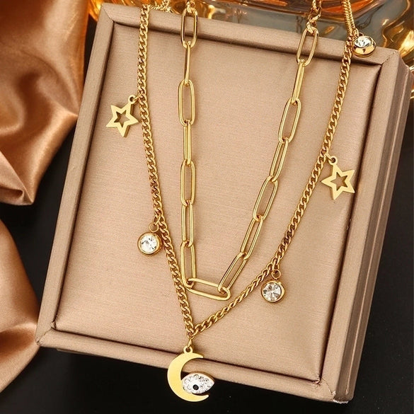 316L Stainless Steel  18K Gold Plated Vintage Style Commute Plating Inlay Devil's Eye Star Moon Turquoise Rhinestones Layered Necklaces
