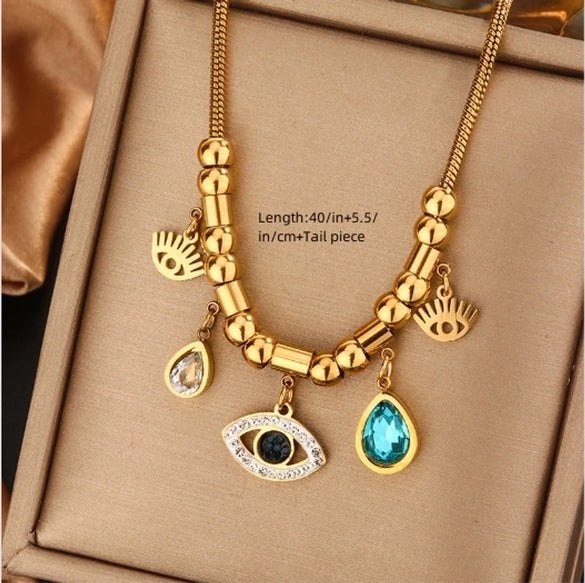 316L Stainless Steel  18K Gold Plated Vintage Style Commute Plating Inlay Devil's Eye Star Moon Turquoise Rhinestones Layered Necklaces