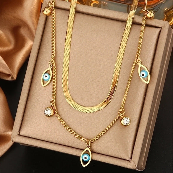 316L Stainless Steel  18K Gold Plated Vintage Style Commute Plating Inlay Devil's Eye Star Moon Turquoise Rhinestones Layered Necklaces