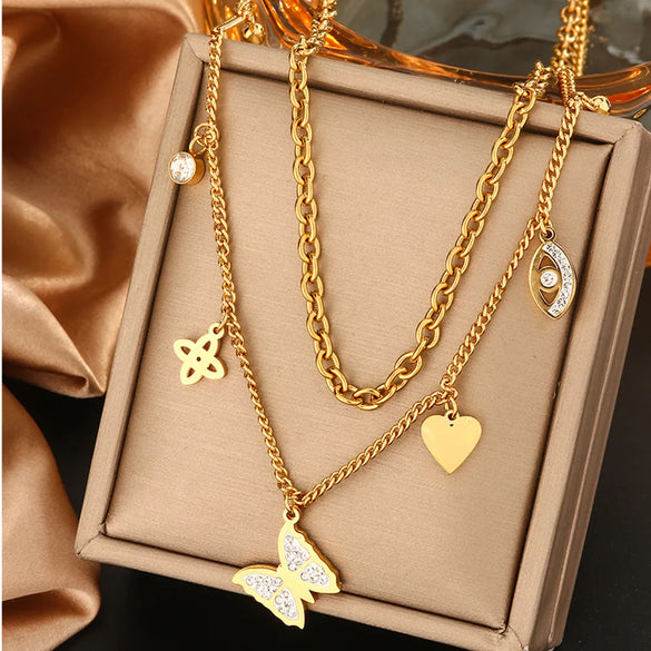 Wholesale Jewelry Vintage Style Commute Devil'S Eye Star Moon 304 Stainless Steel Turquoise Rhinestones Shell 18K Gold Plated Plating Inlay Layered Necklaces