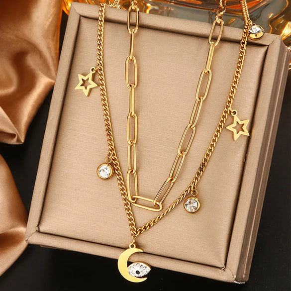 Wholesale Jewelry Vintage Style Commute Devil'S Eye Star Moon 304 Stainless Steel Turquoise Rhinestones Shell 18K Gold Plated Plating Inlay Layered Necklaces