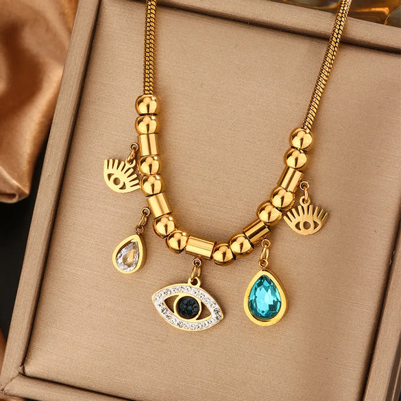 Wholesale Jewelry Vintage Style Commute Devil'S Eye Star Moon 304 Stainless Steel Turquoise Rhinestones Shell 18K Gold Plated Plating Inlay Layered Necklaces