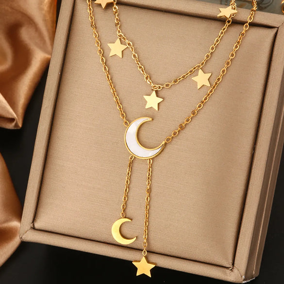 Wholesale Jewelry Vintage Style Commute Devil'S Eye Star Moon 304 Stainless Steel Turquoise Rhinestones Shell 18K Gold Plated Plating Inlay Layered Necklaces