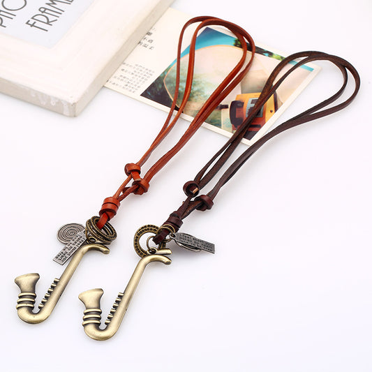 Vintage Cowhide Rope Alloy Musical Instrument Cowhide Necklace Sweater Chain Long Money Chain Fashion Wild Jewelry
