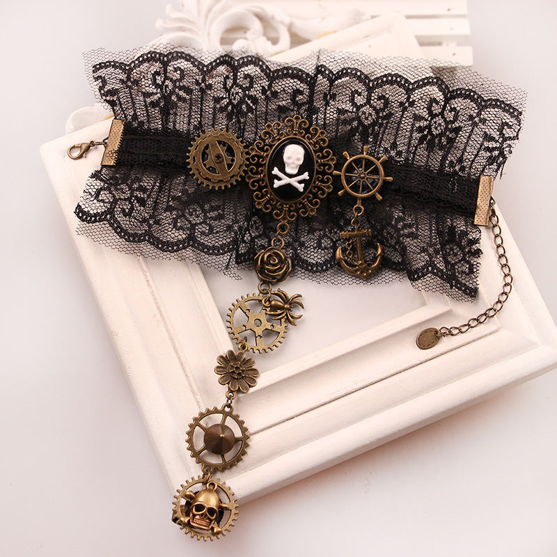 Vintage Style Punk Flower Skull Gear Alloy Lace Wholesale Bracelets