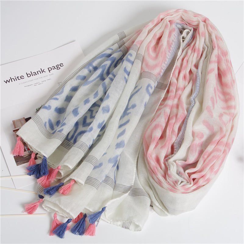 Women's Ripple Printing Pattern Sunscreen Towel Cotton And Linen Fringed Silk Scarf Beach Shawl For Women