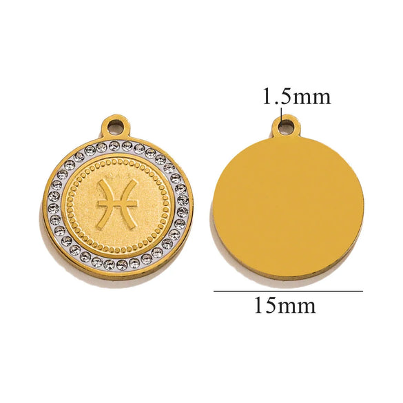 5 PCS/Package 15mm Hole 1~1.9mm 304 Stainless Steel Zircon 18K Gold Plated Constellation Pendant