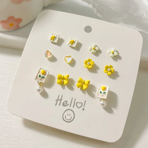 6 Pairs Elegant Cute Heart Shape Flower Bow Knot Plating Inlay Alloy Artificial Pearls Rhodium Plated Ear Studs