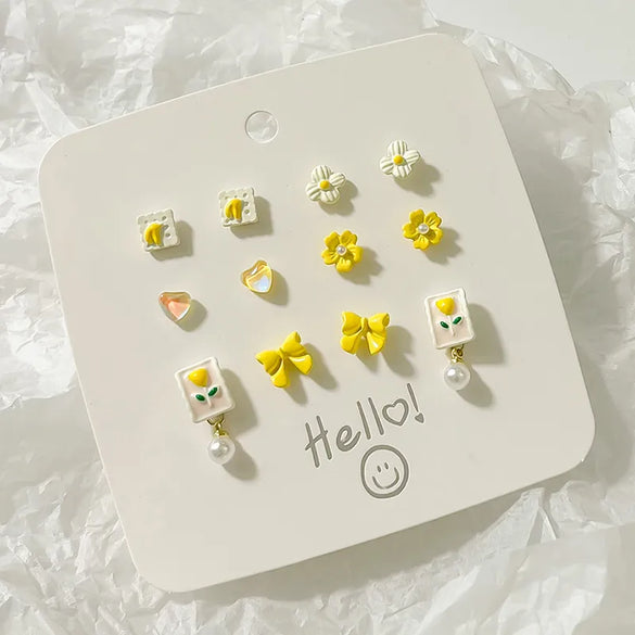 6 Pairs Elegant Cute Heart Shape Flower Bow Knot Plating Inlay Alloy Artificial Pearls Rhodium Plated Ear Studs