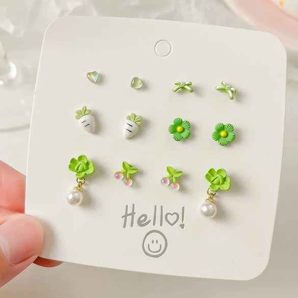 6 Pairs Elegant Cute Heart Shape Flower Bow Knot Plating Inlay Alloy Artificial Pearls Rhodium Plated Ear Studs